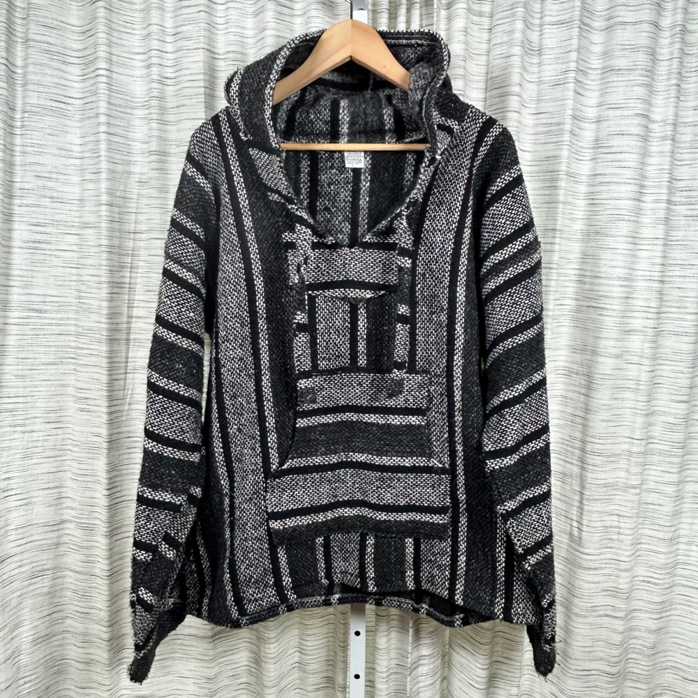 Artesanias Mickey Baja Hoodie Black White Mens Large Striped Pullover EUC
